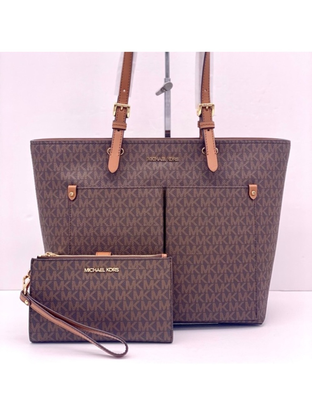 Michael Kors Double Pocket Tote Shoulder Bag And Wallet Set Brown
